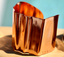 Load image into Gallery viewer, Shiny Fold-Formed Copper Cuff Bracelet Hand Stamped with LOVE