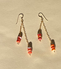 Load image into Gallery viewer, Gold Sunset Dangle Earrings with Spiny Oyster Rondelle Beads